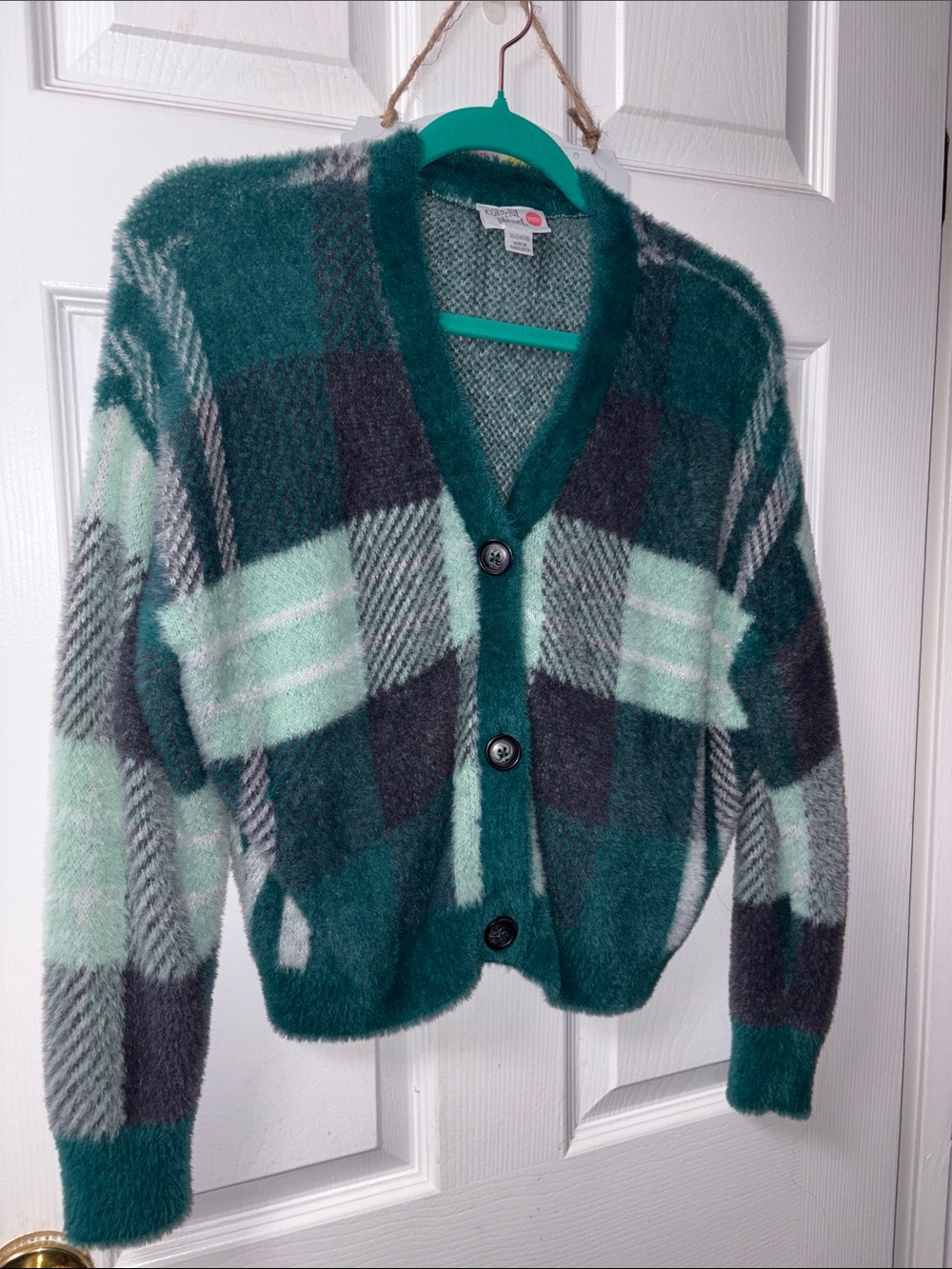 Fuzzy Plaid V-Neck Button Cardigan - Green